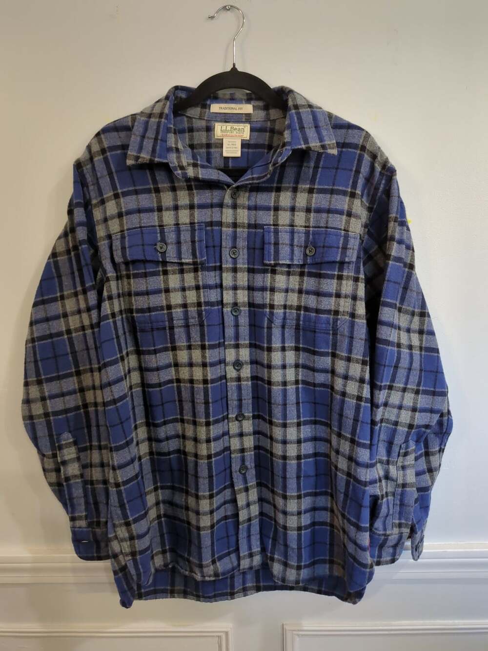 L.L. Bean Blue Gray Plaid Flannel CHAMOIS Shirt Size Medium Regular